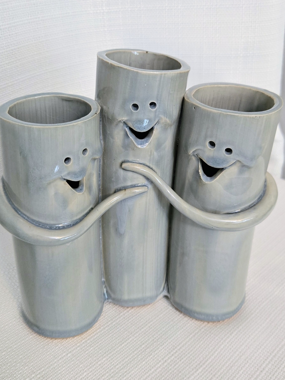 Art Pottery Vase Smiling Faces 3 Cylinder Floral Bud Signed 7" Friendship Humor